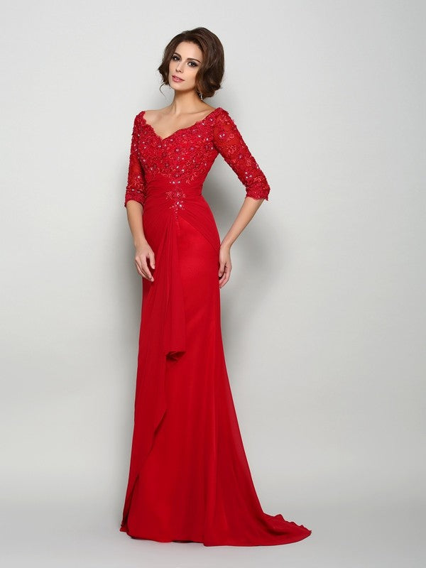 Robe longue de mère de la mariée en mousseline de soie, col en V, manches 1/2, avec perles et appliques